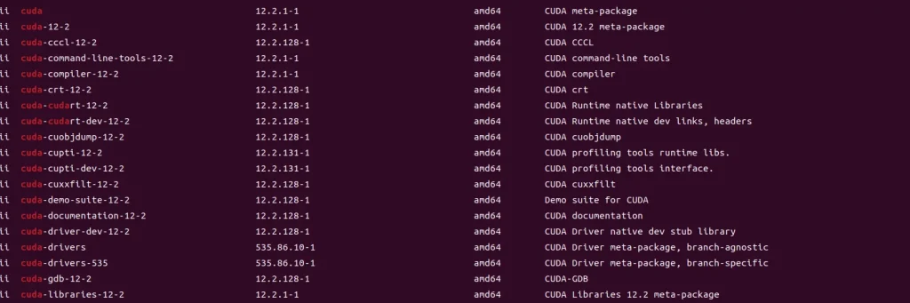 CUDA確認コマンド→ dpkg -l | grep cuda